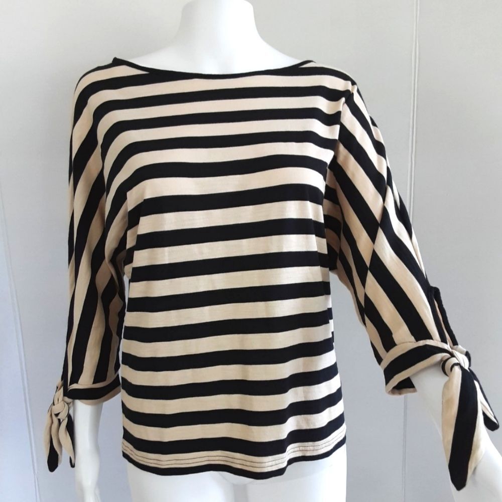 CHAPS STRIPED BOAT NECK DOLMAN 3 QTR  KNOT TIE SLEEVE TOP SZ S
